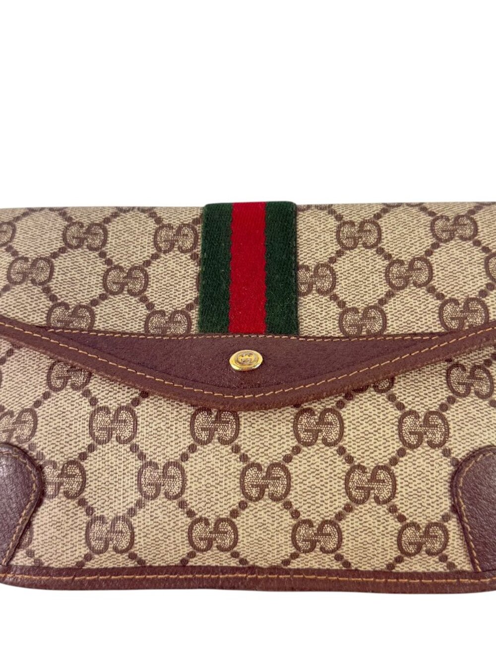 GUCCI Accessory Collection Sherry Line Brown GG Canvas Leather Trim Pouch Purse